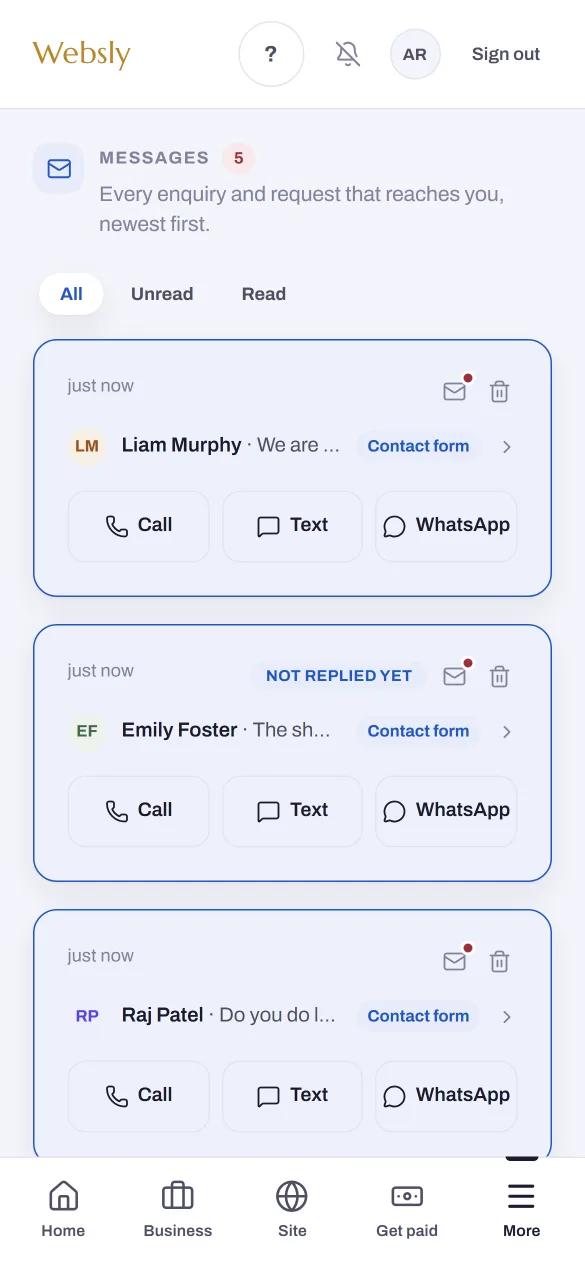The Websly app messages screen on a phone: every enquiry with call, text and WhatsApp buttons