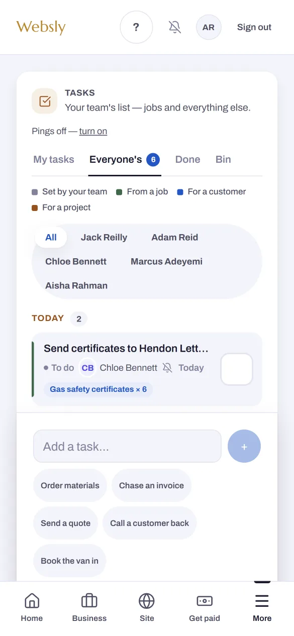 The Websly app tasks screen on a phone